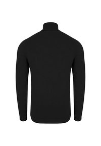 Czarny sweter z golfem, wykonany z miękkiej dzianiny, z długimi rękawami i dopasowanym krojem z wysokim kołnierzem. Gładka tekstura, brak wzorów.