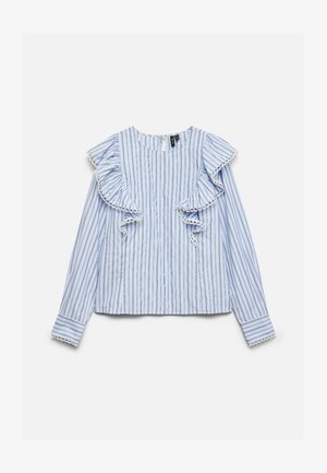 Lyseblå og hvide vertikale stribede bluse med lange ærmer, med flæsepaneller med blondestrimler foran og matchende blondekant på manchetterne.