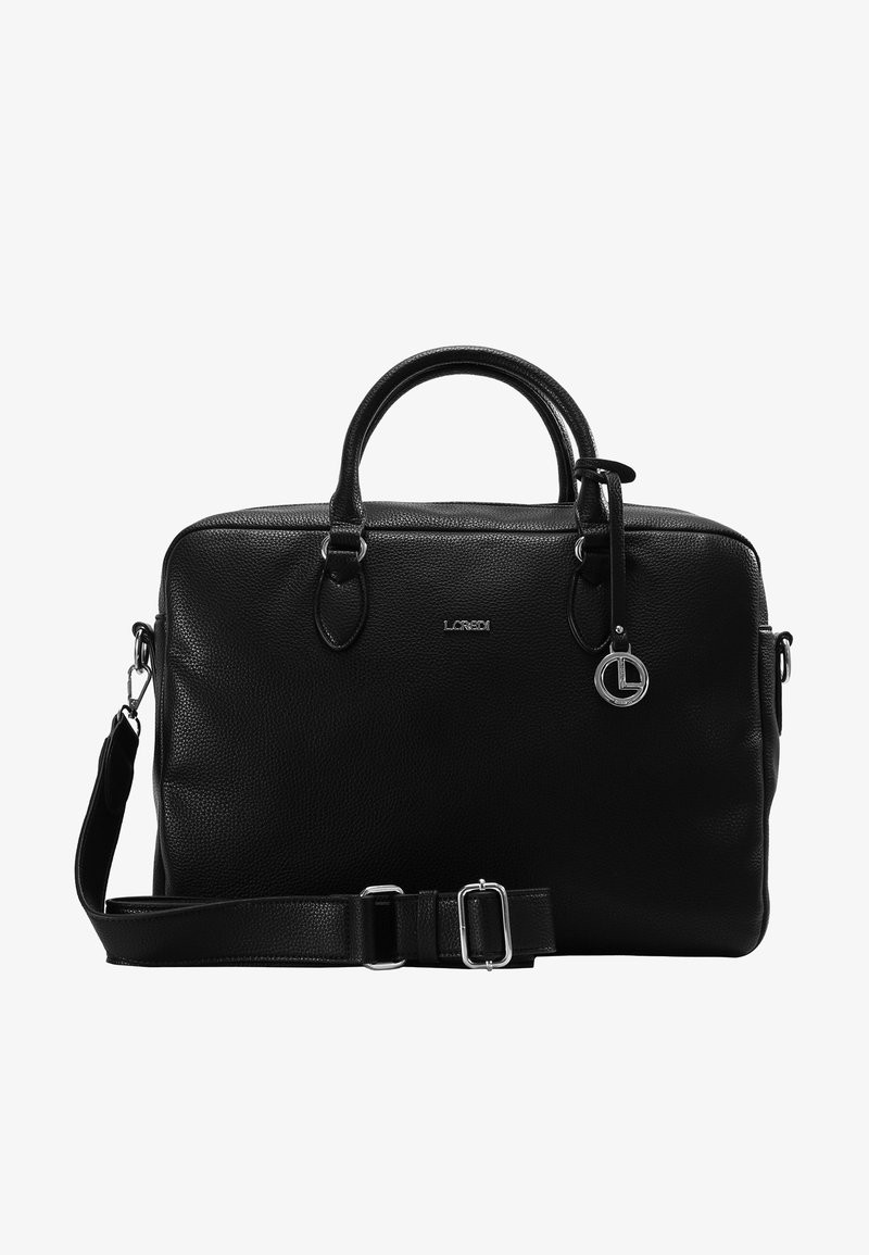 Schwarze Lederhandtasche mit einer strukturierten Oberfläche, doppelten oberen Griffen, abnehmbarem Schultergurt und einem silbernen Logo-Anhänger. Verfügt über Metallbeschläge.