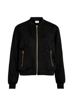 Svart bomberjacka i mjukt mockaliknande material med en guldfärgad dragkedja och två framfickor med dragkedja. Ribbstickade muddar och fåll.