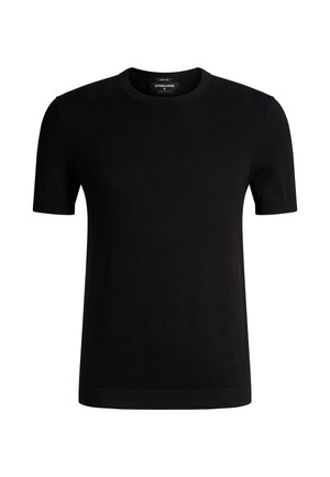 Schwarzes T-Shirt mit kurzen Ärmeln und Rundhalsausschnitt aus einem Baumwoll-Seiden-Gemisch, schmal geschnitten, mit geripptem Kragen und Ärmelbündchen.