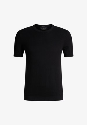 Schwarzes T-Shirt mit kurzen Ärmeln und Rundhalsausschnitt aus einem Baumwoll-Seiden-Gemisch, schmal geschnitten, mit geripptem Kragen und Ärmelbündchen.