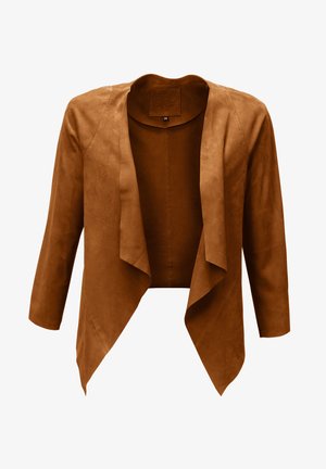 Bruine faux suede jas met een gedrapeerde voorkant, driekwart mouwen en een verkorte ontwerp. Gladde textuur zonder zichtbare sluitingen.