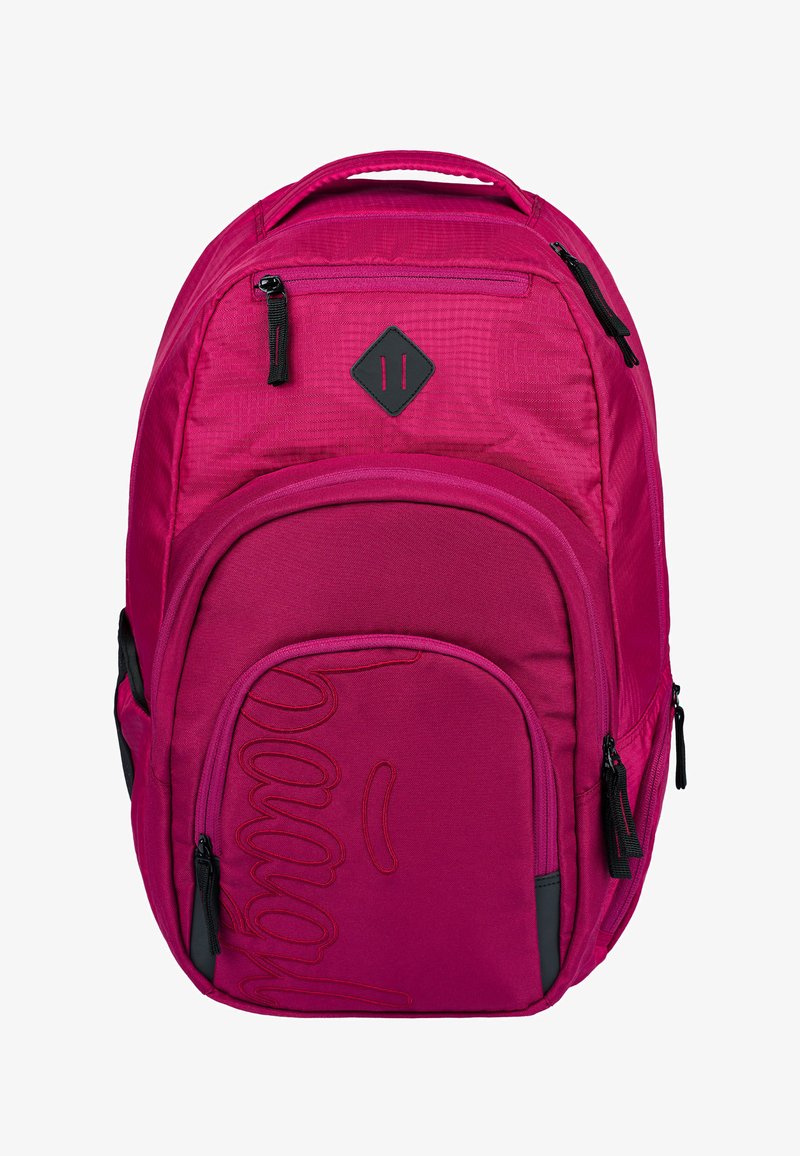 Zaino fucsia realizzato in tessuto resistente, dotato di diversi scomparti con zip, un patch a forma di diamante e dettagli ricamati.