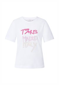 Tricou alb din bumbac, cu inscripțiile "PARIS", "MADRID" și "ITALIA" din strassuri roz și aurii, guler rotund și mâneci scurte.
