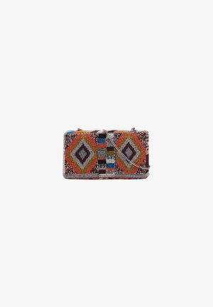 Rectangular clutch bag with colorful geometric beadwork in diamond patterns and a thin metal chain strap.