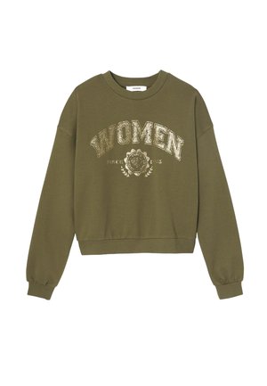 Sweatshirt court vert olive avec manches longues, poignets côtelés, et un graphisme scintillant "FEMMES" sur le devant, comportant des accents circulaires sous le texte.