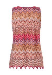 Ärmelloses Top mit einem Zickzackmuster in warmen Farben wie Rot, Orange und Pink. Der Saum hat eine gewellte Kante und einen strukturierten Stoff.