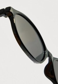 Μαύρα γυαλιά ηλίου με γυαλιστερή οβάλ σκελετό και σκουρόχρωμους φακούς, εμφανιζόμενα σε κοντινό πλάνο πάνω σε απλό λευκό φόντο.