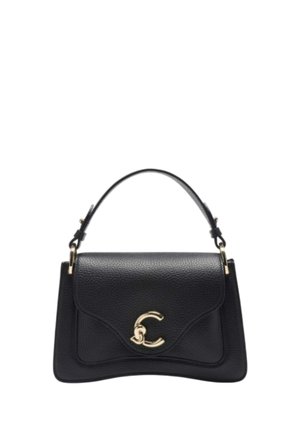 Borsa a mano in pelle nera con forma strutturata, texture liscia e un emblema dorato. Presenta una maniglia superiore e una tracolla regolabile.