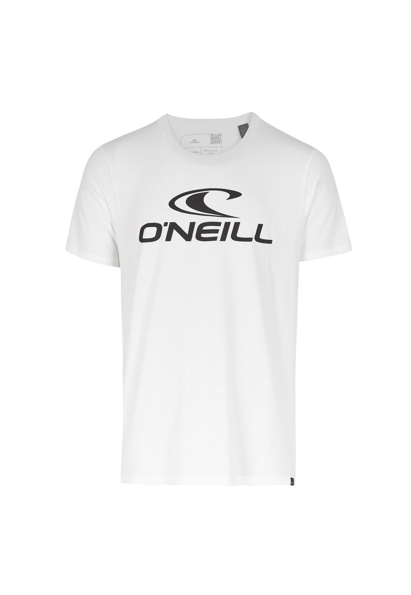 Hvid bomulds-t-shirt med et stort sort "O'Neill" logo og ikonisk bølgedesign på fronten. Korte ærmer, almindelig pasform.