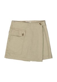 Khaki wikkelrok van een lichtgewicht, textuurstof. Bevat een zijzak en twee decoratieve knopen op de tailleband. Casual design.