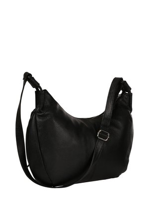 Black leather shoulder bag with adjustable strap and silver buckle, crescent shape, smooth textured surface, zipper closure.