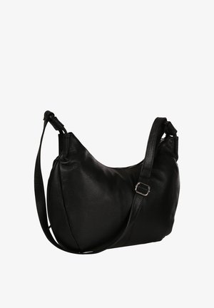 Schwarze Leder-Umhängetasche mit verstellbarem Riemen und silberner Schnalle, mondförmig, glatte strukturierte Oberfläche, Reißverschluss.