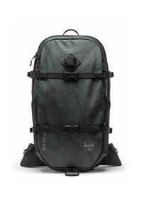 Sac à dos vert à motif avec des accents noirs, doté de sangles réglables, de fermetures à boucle sur le côté et d'une surface texturée. Conception durable.