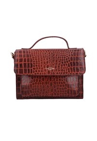 Borsa in finta pelle rossa con texture a coccodrillo, forma rettangolare, pattina superiore piatta e manico corto. Presenta dettagli in metallo dorato.