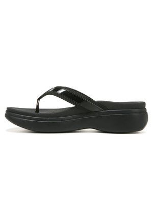 Black flip-flop sandals featuring a smooth, slightly glossy upper strap, and a cushioned, contoured sole for comfort and support.