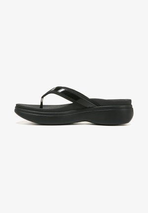 Black flip-flop sandals featuring a smooth, slightly glossy upper strap, and a cushioned, contoured sole for comfort and support.