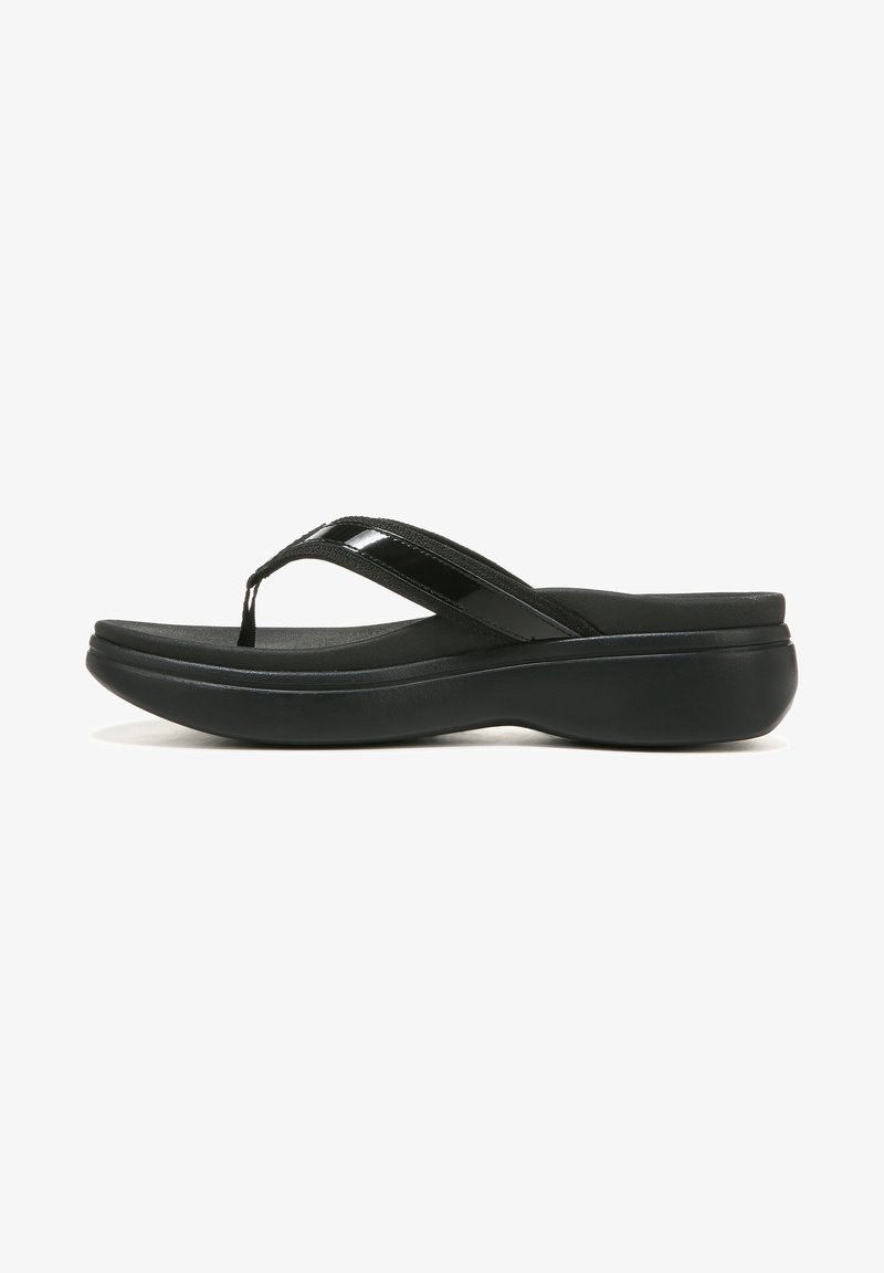 Black flip-flop sandals featuring a smooth, slightly glossy upper strap, and a cushioned, contoured sole for comfort and support.