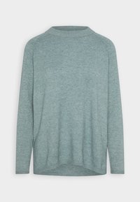 Maglione azzurro chiaro realizzato in un morbido tessuto testurizzato. Collo a giro, maniche lunghe e orlo arrotondato con dettagli a coste sui polsini e sull'orlo.