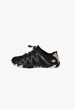 Black athletic shoe with a breathable mesh upper, contrasting tan accents, secure lace-up closure, and a textured rubber sole for grip.