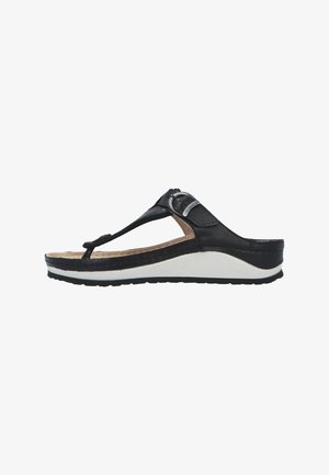 Sort læder tåsandal med justerbar spændestrop, polstret beige fodseng og tyk hvid og sort sål.