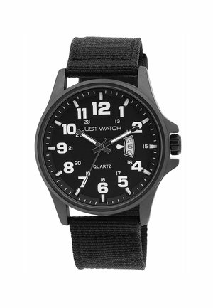 Black quartz watch featuring a round case, large white numerals, and a textured black fabric strap. Date display at 3 o'clock. Simple design.