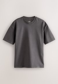 Dunkelgraues kurzärmeliges Baumwoll-T-Shirt mit Rundhalsausschnitt und lockerem Schnitt, flach auf hellem Hintergrund dargestellt.