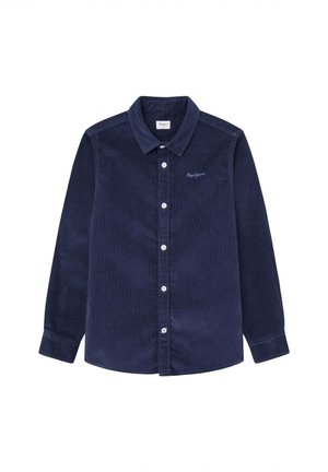 Marineblauw corduroy overhemd met lange mouwen, witte knopen en een klein geborduurd logo op de linkerborst.