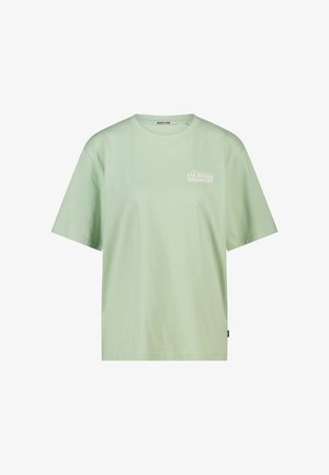 Hellgrünes Kurzarm-T-Shirt mit kleinem weißem Schriftzug "5th Avenue Breakfast" auf der oberen linken Brust.