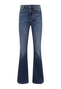 Flared jeans in dark blue denim, featuring a high waist, five pockets, visible stitching, and a slightly faded finish on the thighs.