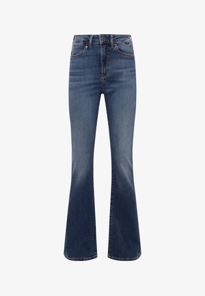 Ausgestellte Jeans aus dunkelblauem Denim mit hoher Taille, fünf Taschen, sichtbaren Nähten und einem leicht verblassten Finish an den Oberschenkeln.