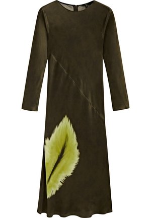 Dark olive long-sleeve midi dress with diagonal seam and large green feather design near the hem on the left side.