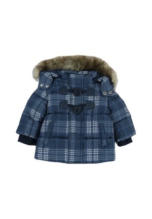 Manteau d'hiver à carreaux bleus et gris pour tout-petit, avec capuche doublée de fourrure et fermetures par boutons à bascule à l'avant.