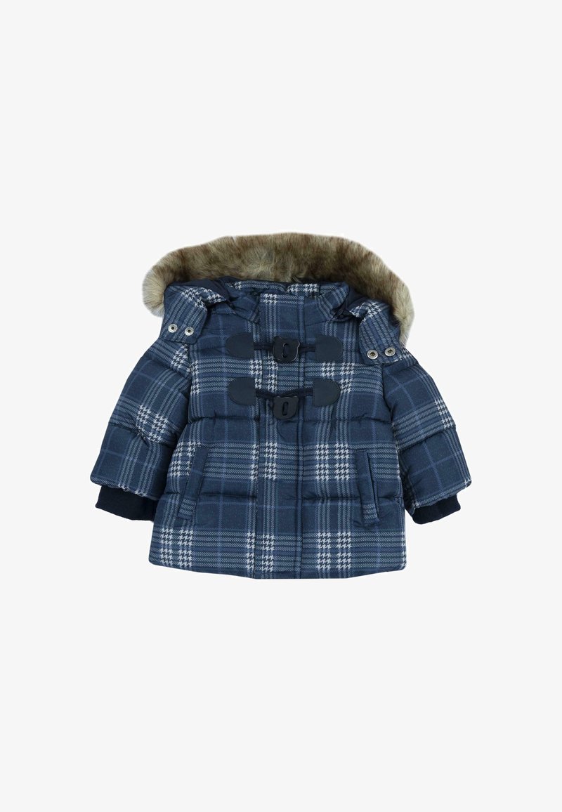 Manteau d'hiver à carreaux bleus et gris pour tout-petit, avec capuche doublée de fourrure et fermetures par boutons à bascule à l'avant.