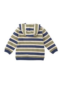 Sudadera para niños con un diseño a rayas en verde oliva, azul marino y crema. Cuenta con capucha, bolsillo tipo canguro y puños de canalé.