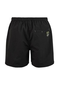Schwarze Schwimmshorts aus leichtem Material. Elastischer Bund mit Kordelzug, seitliche Tasche und kleines Logo auf der Rückseite.