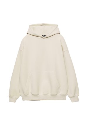 Krém színű kapucnis pulóver elülső zsebbel, bordás mandzsettákkal és szegéllyel; puha, sima anyagból készült, laza szabású.