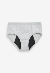 Grey cotton brief with black accents, featuring a soft elastic waistband with the word "NEXT" repeated. Classic underwear design.