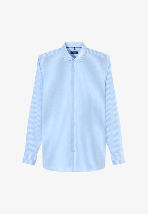 Light blue striped long-sleeve shirt with a pointed collar, button placket, and rounded hem. Made from smooth fabric with even texture.