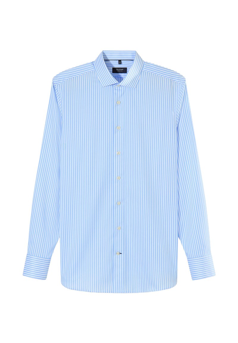Helles blau gestreiftes Langarmhemd mit spitzem Kragen, Knopfleiste und abgerundetem Saum. Hergestellt aus glattem Gewebe mit gleichmäßiger Textur.