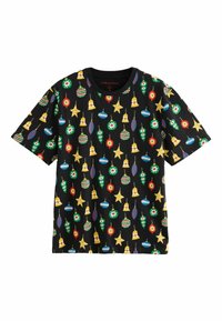 Schwarzes Baumwoll-T-Shirt mit bunten Weihnachtsornament-Mustern, darunter Sterne, Glocken und Kugeln in Rot, Grün, Gelb und Blau.