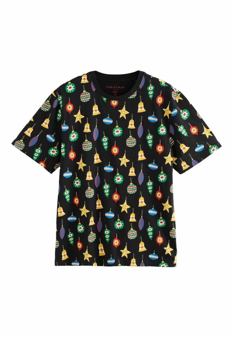 Sort bomulds T-shirt med farverige julepynt mønstre, herunder stjerner, klokker og kugler i rød, grøn, gul og blå.