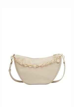 Beige leather shoulder bag with a curved shape, zip closure, and a gold chain accent on the front. Includes an adjustable strap.