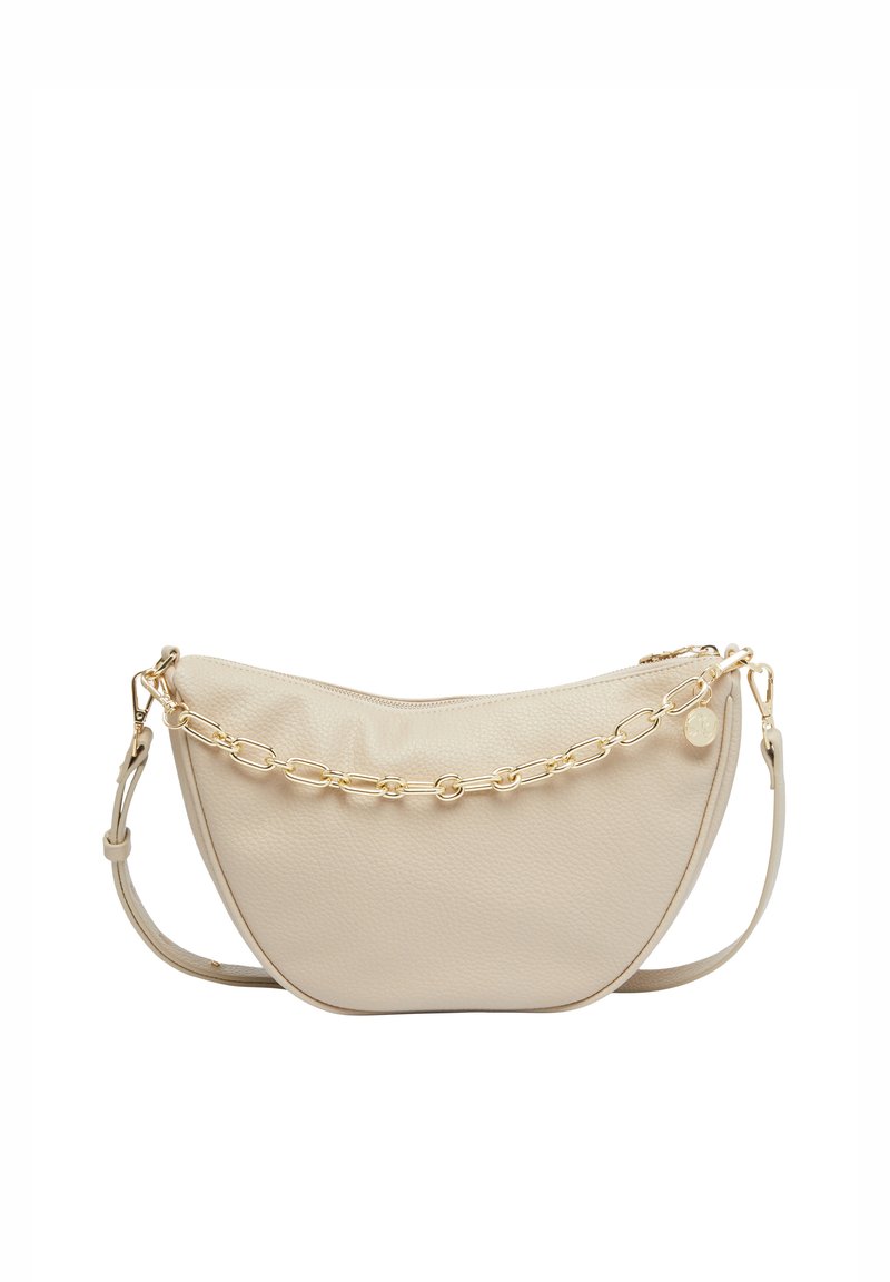 Beige Leder Schultertasche mit geschwungener Form, Reißverschluss und goldfarbenem Kettenakzent auf der Vorderseite. Inklusive verstellbarem Tragegurt.