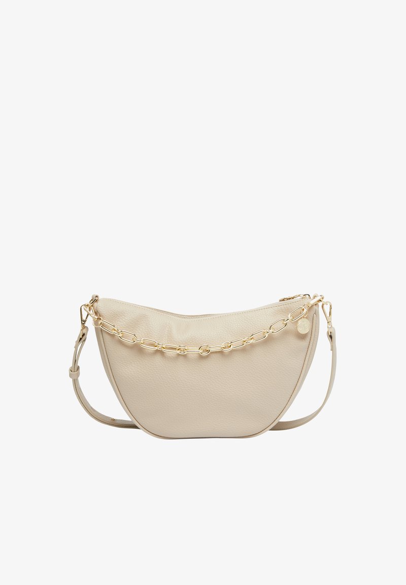 Beige Leder Schultertasche mit geschwungener Form, Reißverschluss und goldfarbenem Kettenakzent auf der Vorderseite. Inklusive verstellbarem Tragegurt.