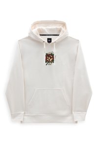 Cremefarbener Hoodie mit einer vorderen Kängurutasche, Kordelzugkapuze und einem grafischen Druck einer roten Rose mit grünen Akzenten.