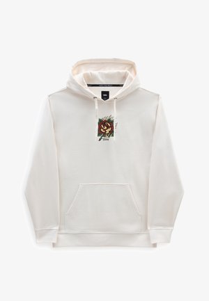 Sudadera con capucha de color crema que presenta un bolsillo tipo canguro en el frente, capucha con cordón y una impresión gráfica de una rosa roja con detalles verdes.