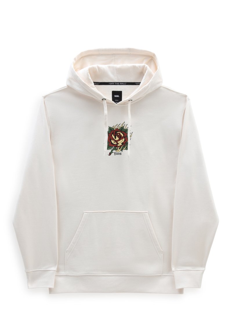 Cremefarbener Hoodie mit einer vorderen Kängurutasche, Kordelzugkapuze und einem grafischen Druck einer roten Rose mit grünen Akzenten.