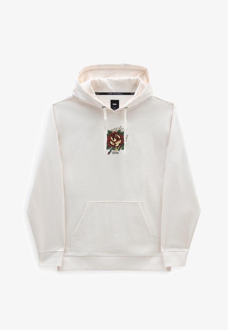 Cremefarbener Hoodie mit einer vorderen Kängurutasche, Kordelzugkapuze und einem grafischen Druck einer roten Rose mit grünen Akzenten.